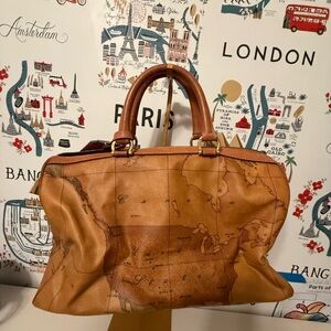 Alviero Martini Tan Map Print Travel Bag